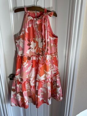 Vince Camuto Women’s Floral Tie-Neck Tiered Sundress in Pink & Coral